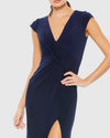 Short sleeve ruched jersey V neck gown - Navy