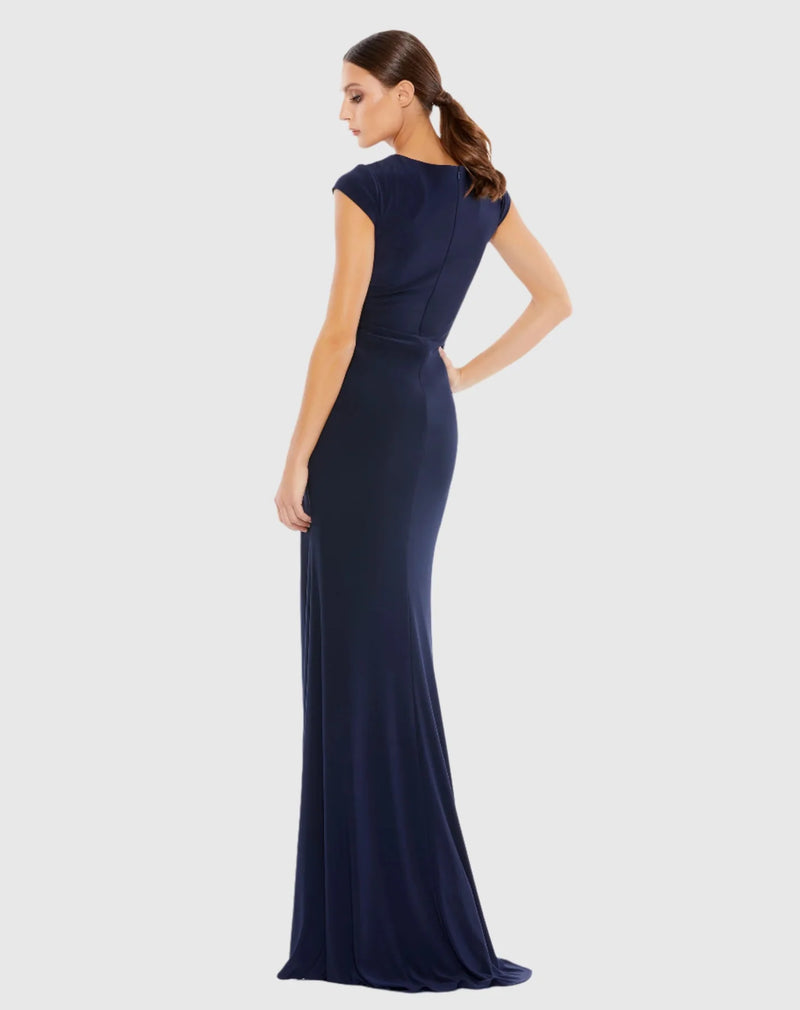 Short sleeve ruched jersey V neck gown - Navy