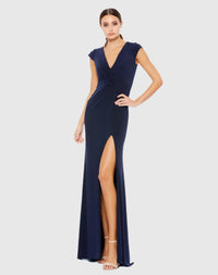 Mac Duggal, Short Sleeve Jersey Evening Gown - Navy Blue #26504