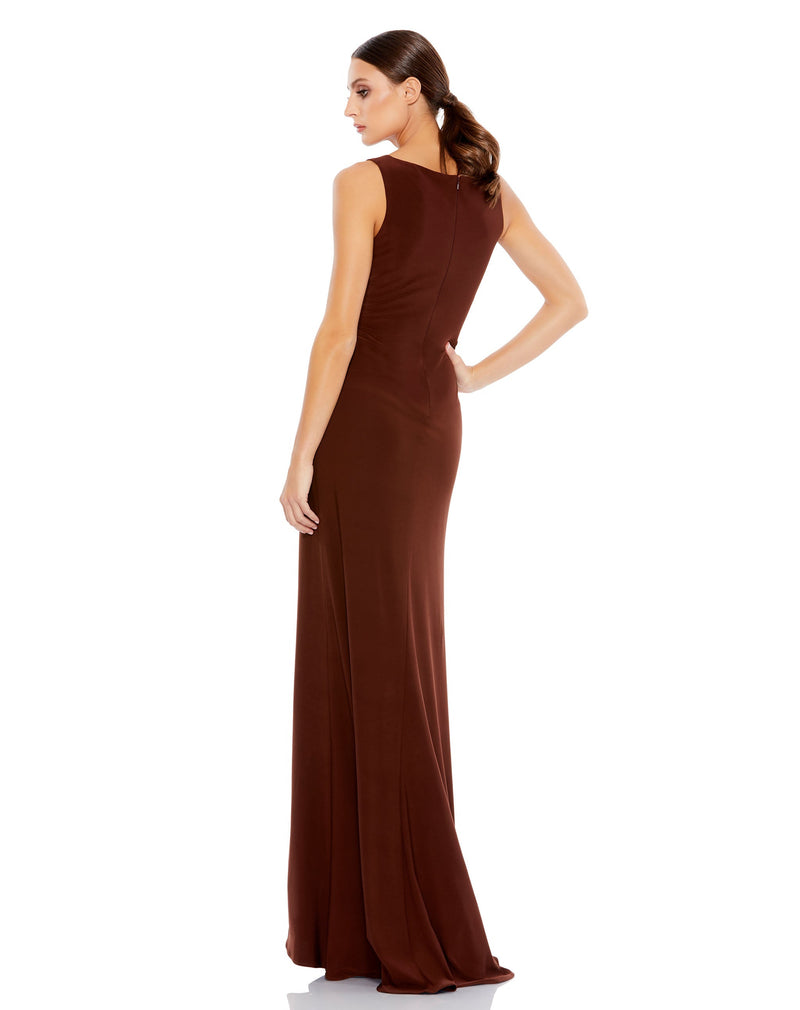 mac duggal dress, wedding guest dress, prom dress, bridesmaids dress, Style 26513, RUCHED STRETCH JERSEY V-NECK GOWN, chocolate