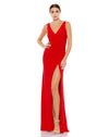 mac duggal dress, wedding guest dress, prom dress, bridesmaids dress, Style 26513, RUCHED STRETCH JERSEY V-NECK GOWN, red