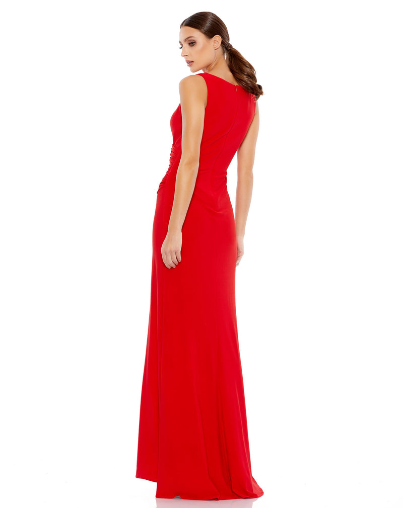 mac duggal dress, wedding guest dress, prom dress, bridesmaids dress, Style 26513, RUCHED STRETCH JERSEY V-NECK GOWN, red 