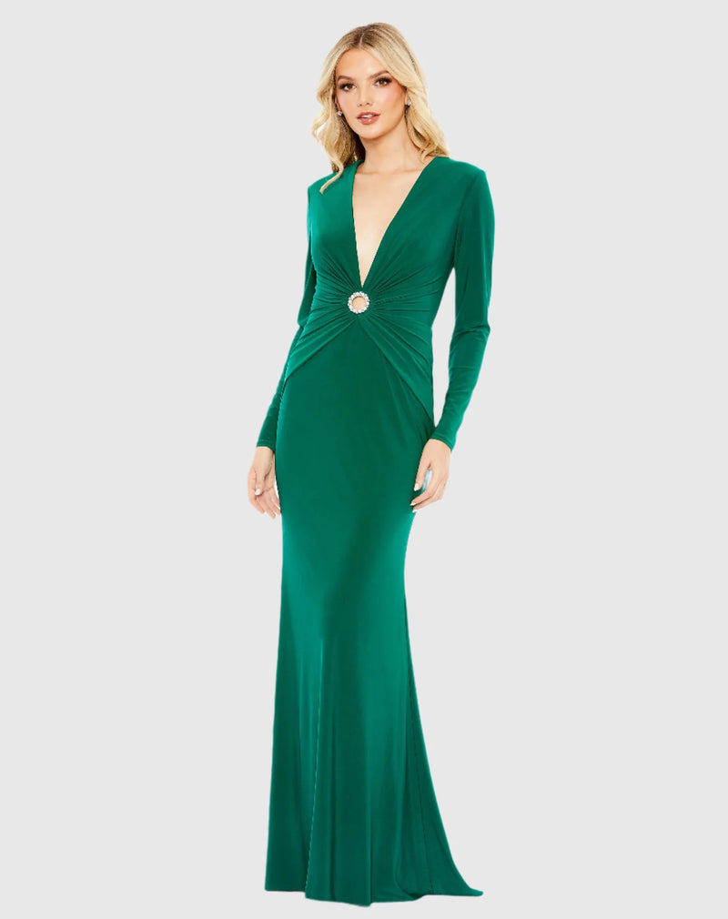 Mac Duggal, Gathered pearl long sleeve keyhole gown, Emerald #26514 