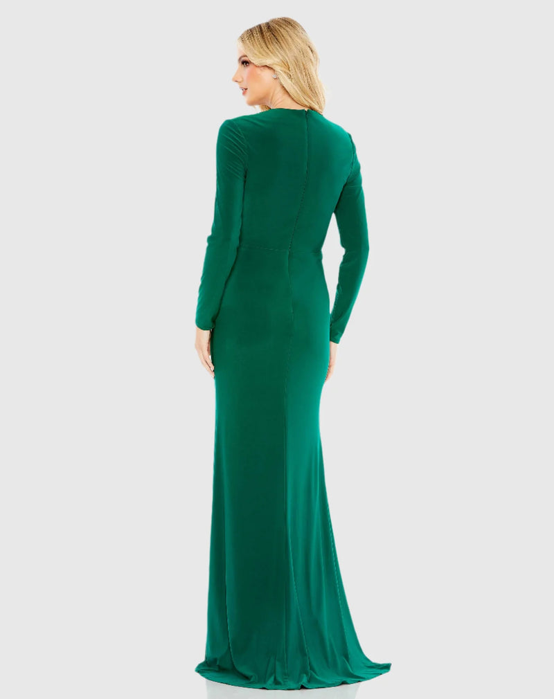 Gathered pearl long sleeve keyhole gown - Emerald