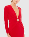 Gathered pearl long sleeve keyhole gown - Red