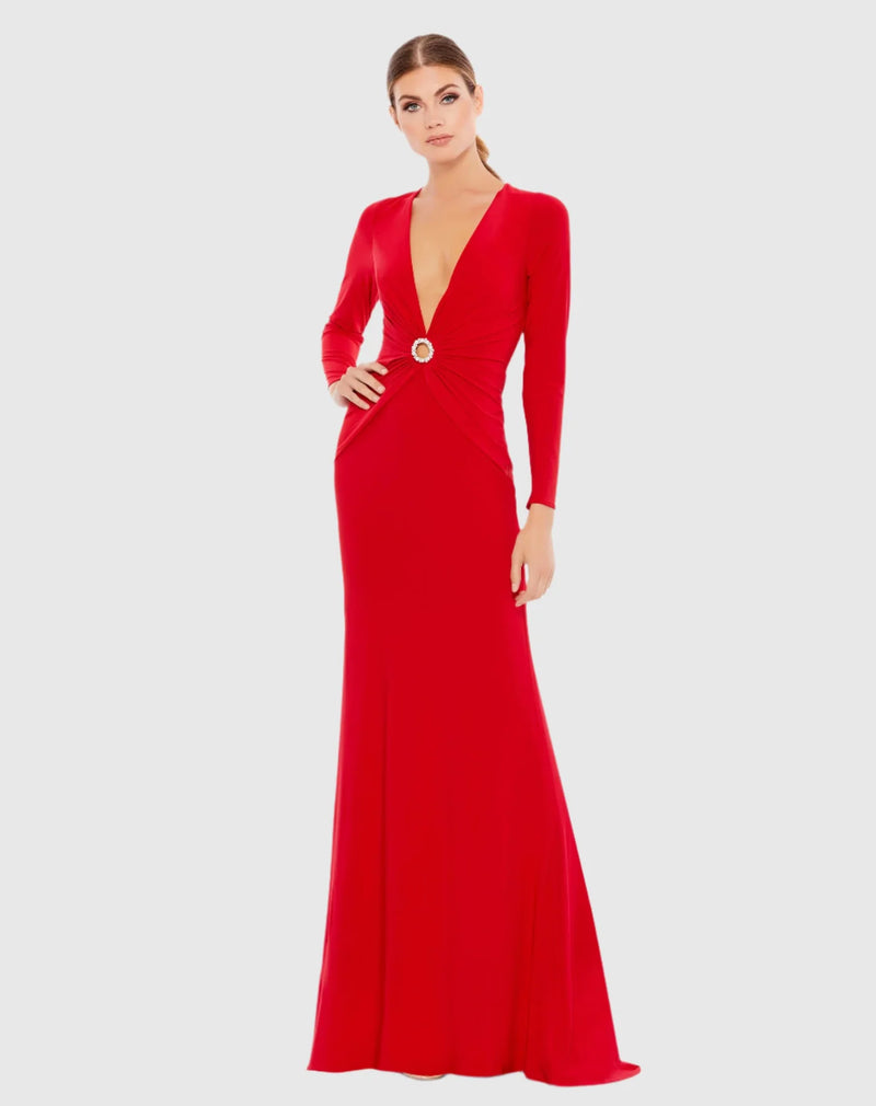 Mac Duggal, Gathered pearl long sleeve keyhole gown, Red #26514