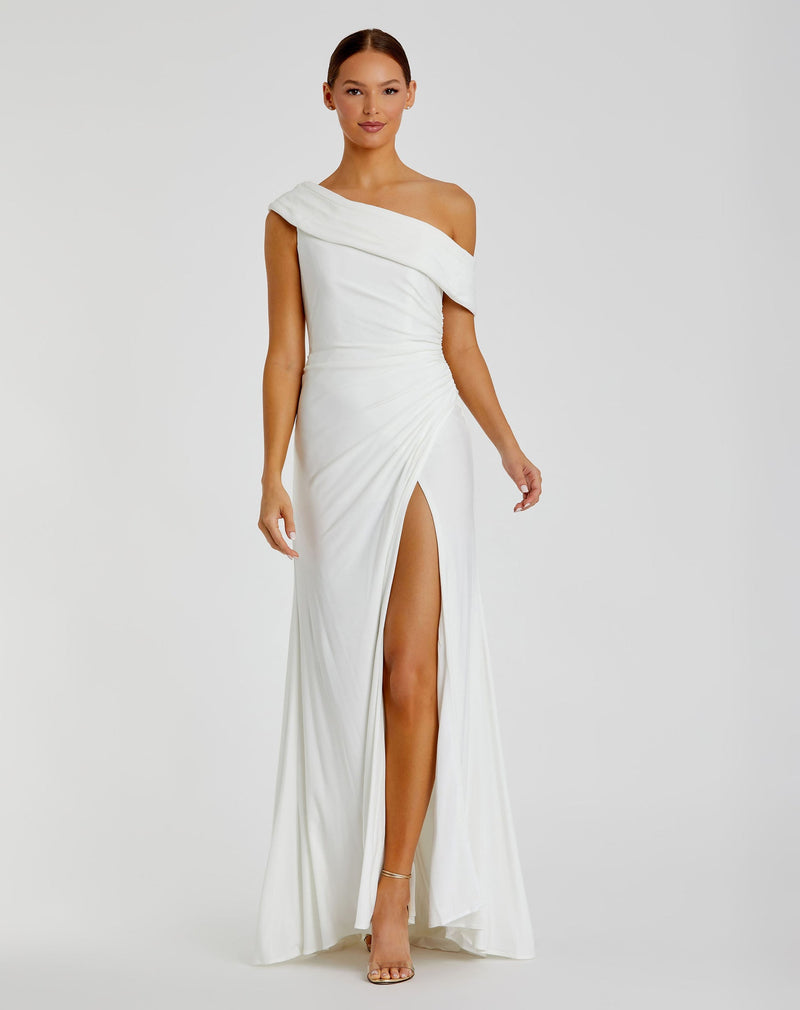 Mac Duggal White Foldover Off-the-Shoulder Slit Gown #26517