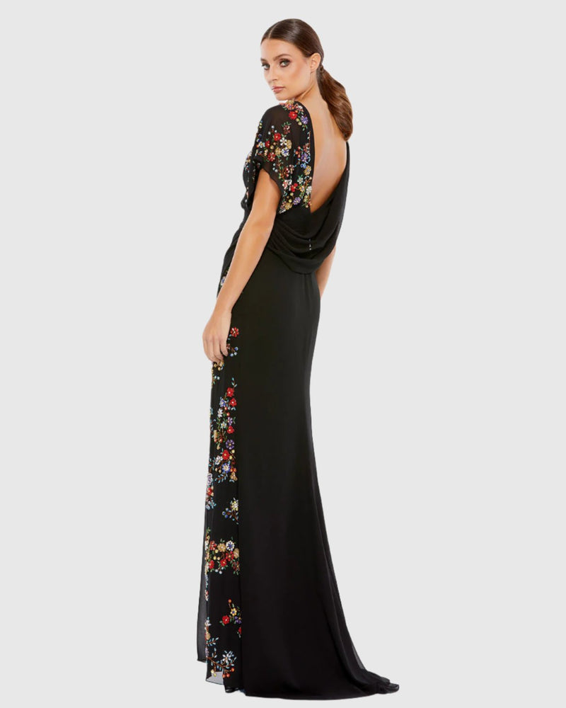 Faux wrap floral sequin gown - Black