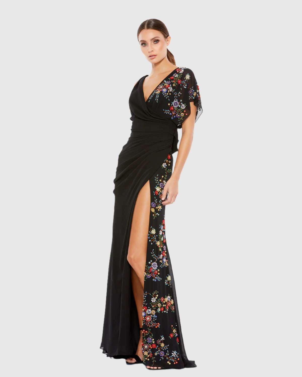 Mac Duggal, Faux wrap floral sequin gown - Black #26530