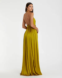 Pleated charmeuse halter gown with belted waist - Chartreuse