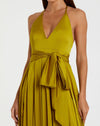 Pleated charmeuse halter gown with belted waist - Chartreuse