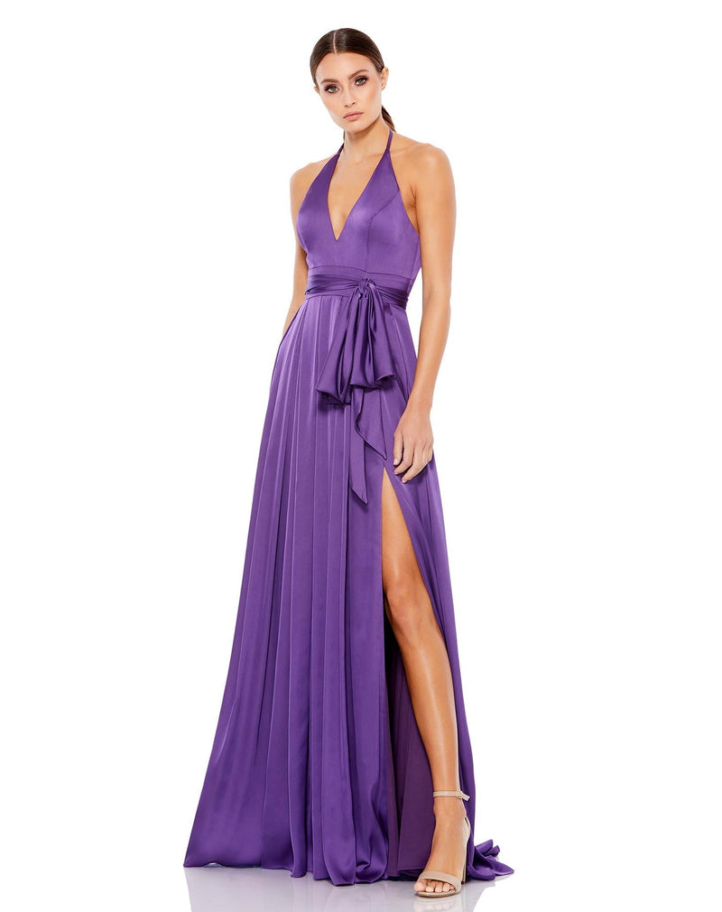 mac duggal CHARMEUSE HALTER STRAP SOFT TIE WAIST GOWN purple