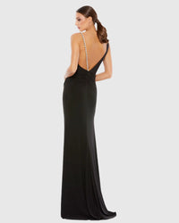 Asymmetric pearl detail, plunge evening gown - Black