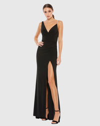 Asymmetric pearl detail, plunge evening gown - Black