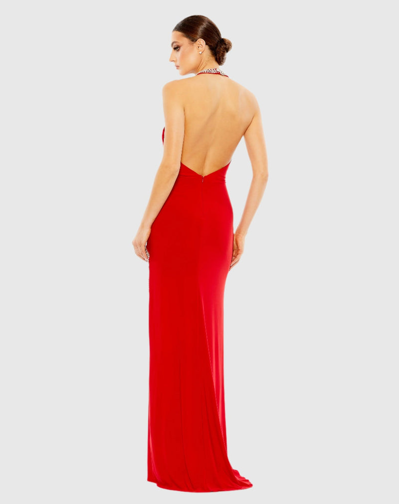 Halterneck gown with rhinestone detail and thigh split - Red