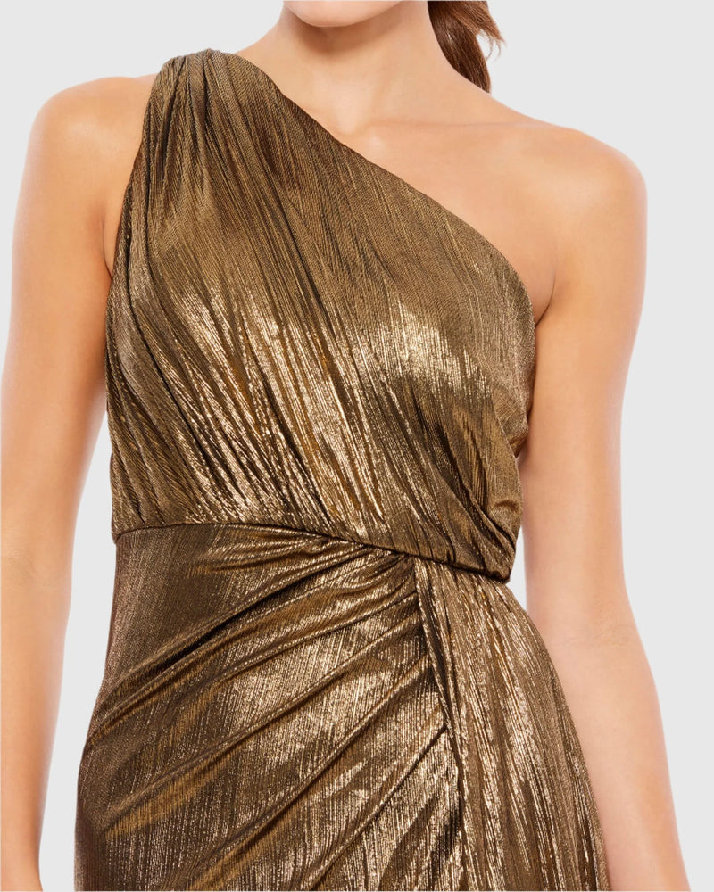 Metallic draped one shoulder Grecian dress - Antique gold