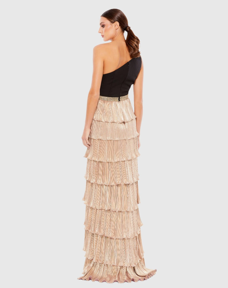 One Shoulder Ruffle Tiered Gown - Black Gold