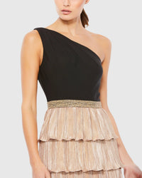 One Shoulder Ruffle Tiered Gown - Black Gold