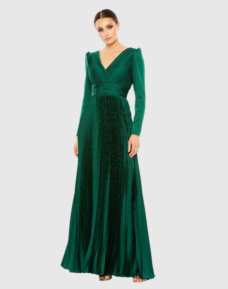 Mac Duggal, Long sleeve pleated V neck modest gown - Emerald Green #26542 