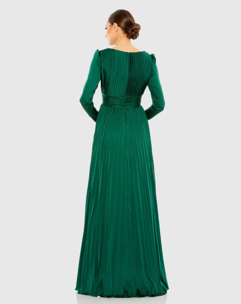 Long sleeve pleated V neck modest gown - Emerald Green