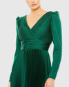 Long sleeve pleated V neck modest gown - Emerald Green