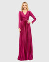 Mac Duggal, Long sleeve pleated V neck modest gown - Pink Magenta #26542 