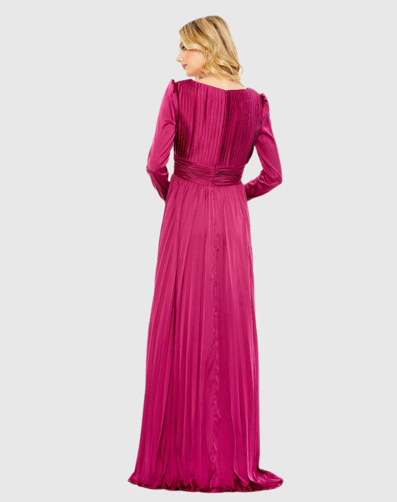 Long sleeve pleated V neck modest gown - Magenta