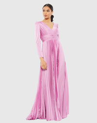 Long sleeve pleated V neck modest gown - Lilac