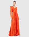 Mac Duggal, Long sleeve pleated V neck modest gown - Orange Sunset #26542