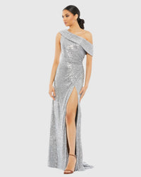 Mac Duggal One Shoulder Floor Length Drop Shoulder Platinum Sequin Gown #26550