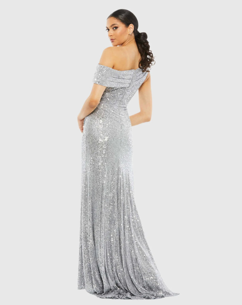 One shoulder ruched sequin gown - Nude