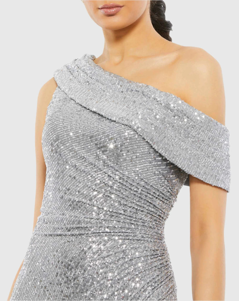 One shoulder ruched sequin gown - Nude