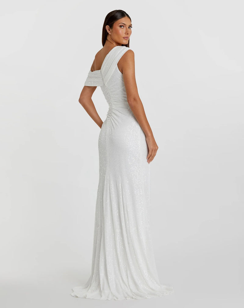 One shoulder ruched sequin gown - White