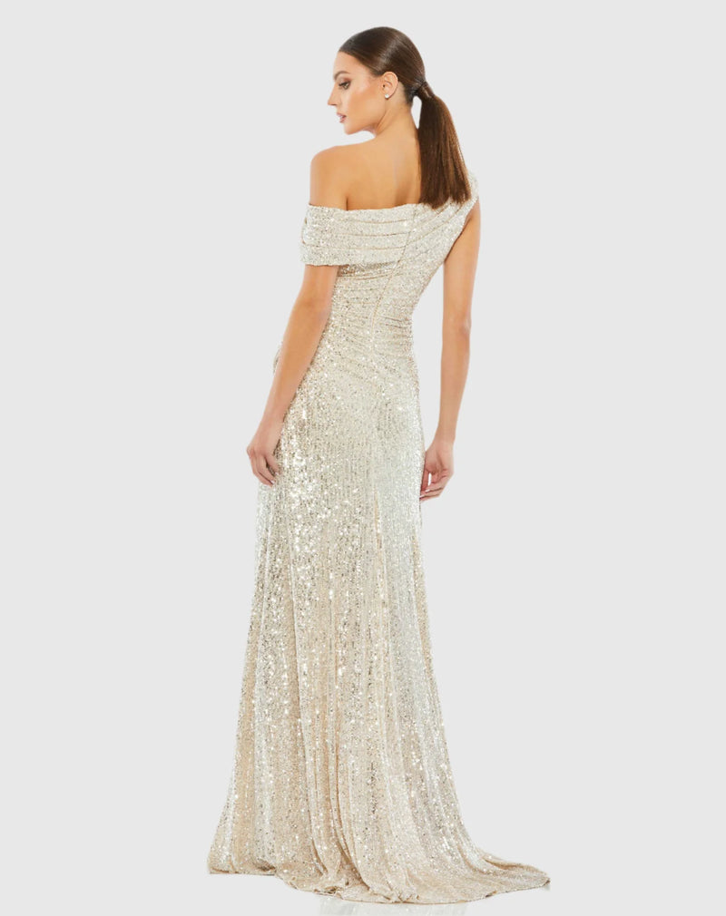 One shoulder ruched sequin gown - Nude