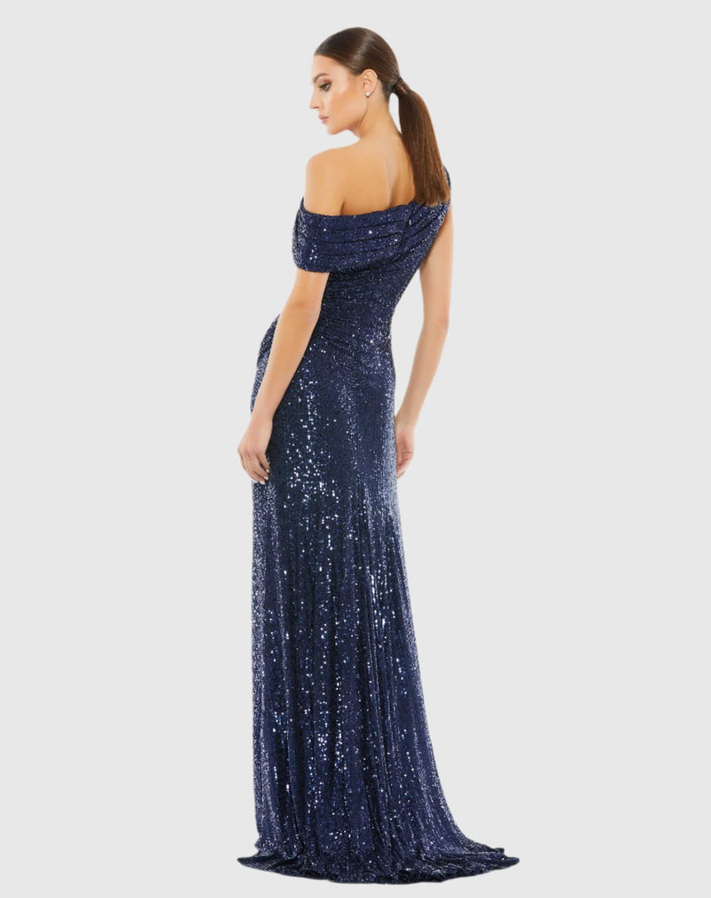 One shoulder ruched sequin gown - Midnight