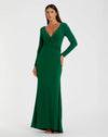 Mac Duggal Green Long Sleeve Ruched Jersey V-Neck Gown #26573