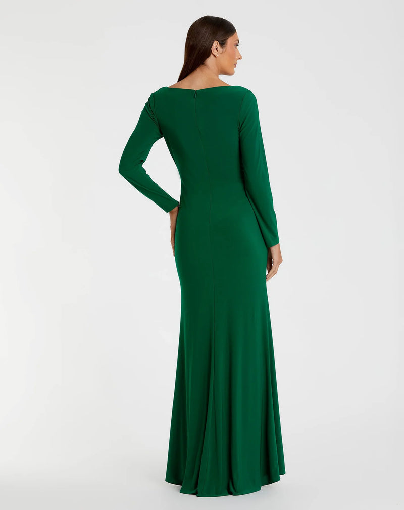 Long sleeve ruched jersey V-neck gown - Emerald