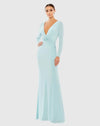 Mac Duggal Blue Long Sleeve Ruched Jersey V-Neck Gown Powder Blue #26573