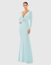 Mac Duggal Blue Long Sleeve Ruched Jersey V-Neck Gown Powder Blue #26573