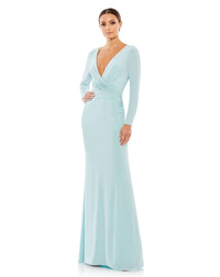 Long sleeve ruched jersey V-neck gown - Emerald