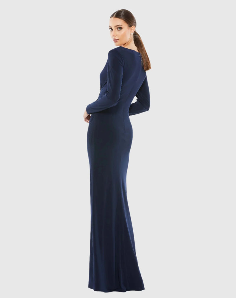 Long sleeve ruched jersey V-neck gown - Midnight