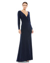 This elegant Mac Duggal midnight-blue, evening dress is a beautiful, long, simple and sleek, chic jersey gown. Cut with a curve-hugging fit, the dress is fashioned with a deep surplice neckline, long sleeves and pleating at the waist. This gown is perfect for proms, black-tie affairs, weddings and special events!