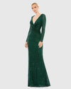 Mac Duggal #26574 Sequined Faux Wrap Long Sleeve Column Gown - Emerald