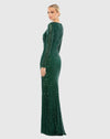 Sequined Faux Wrap Long Sleeve Column Gown - Emerald