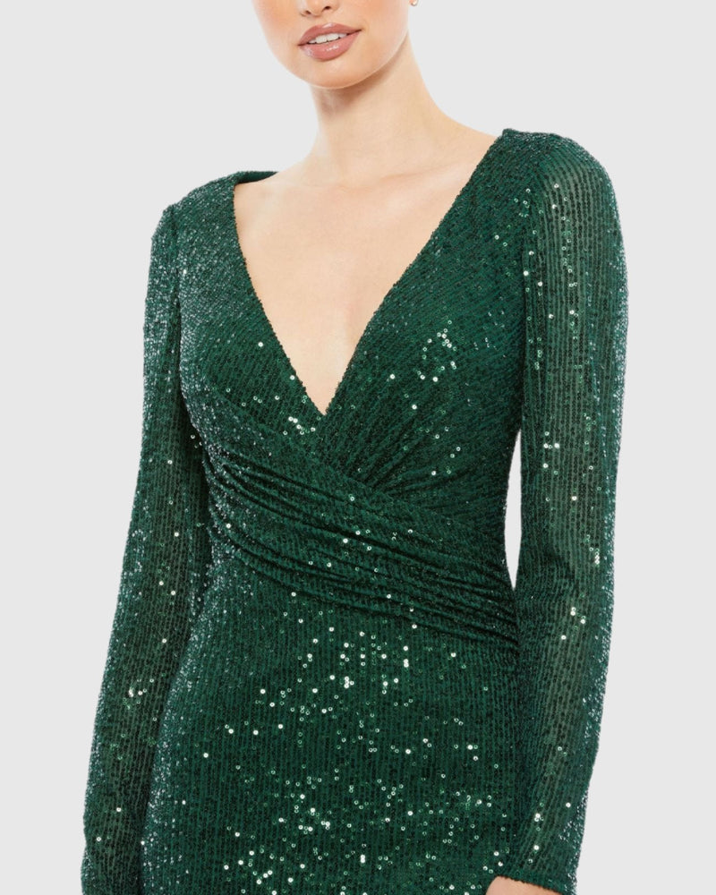 Sequined Faux Wrap Long Sleeve Column Gown - Emerald