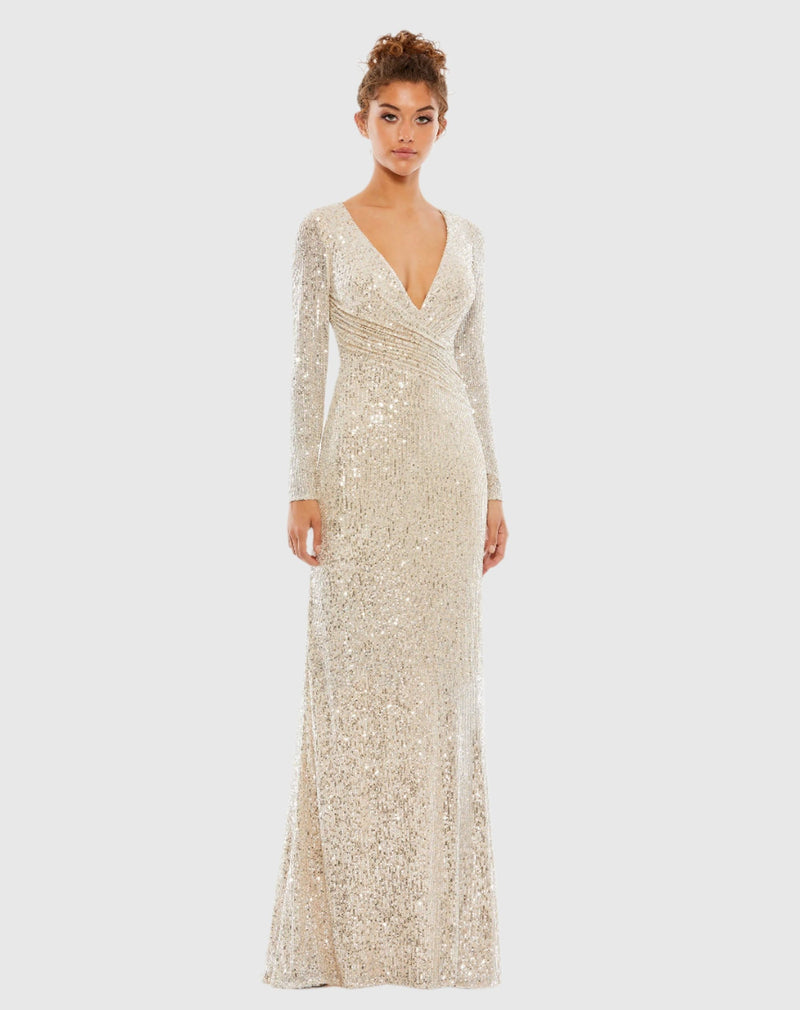 Mac Duggal #26574 Sequined Faux Wrap Long Sleeve Column Gown - Silver