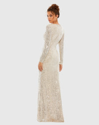 Sequined Faux Wrap Long Sleeve Column Gown -Silver