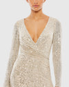 Sequined Faux Wrap Long Sleeve Column Gown -Silver