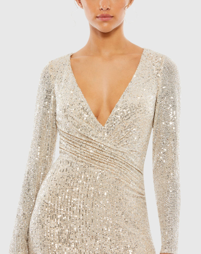 Sequined Faux Wrap Long Sleeve Column Gown -Silver