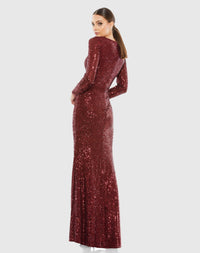 Sequined Faux Wrap Long Sleeve Column Gown - Wine